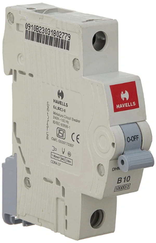 Havells 10A MCB SP B Curve (White) DHMGBSPF010 PVC Plastic - 10A, White, 6 Month